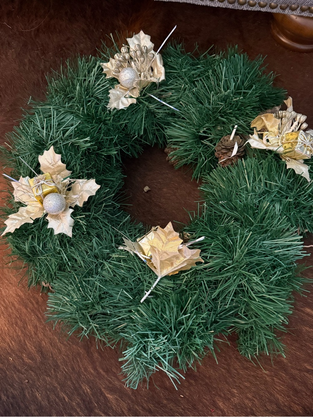 Holiday Green Pine Wreath with Gold Accents